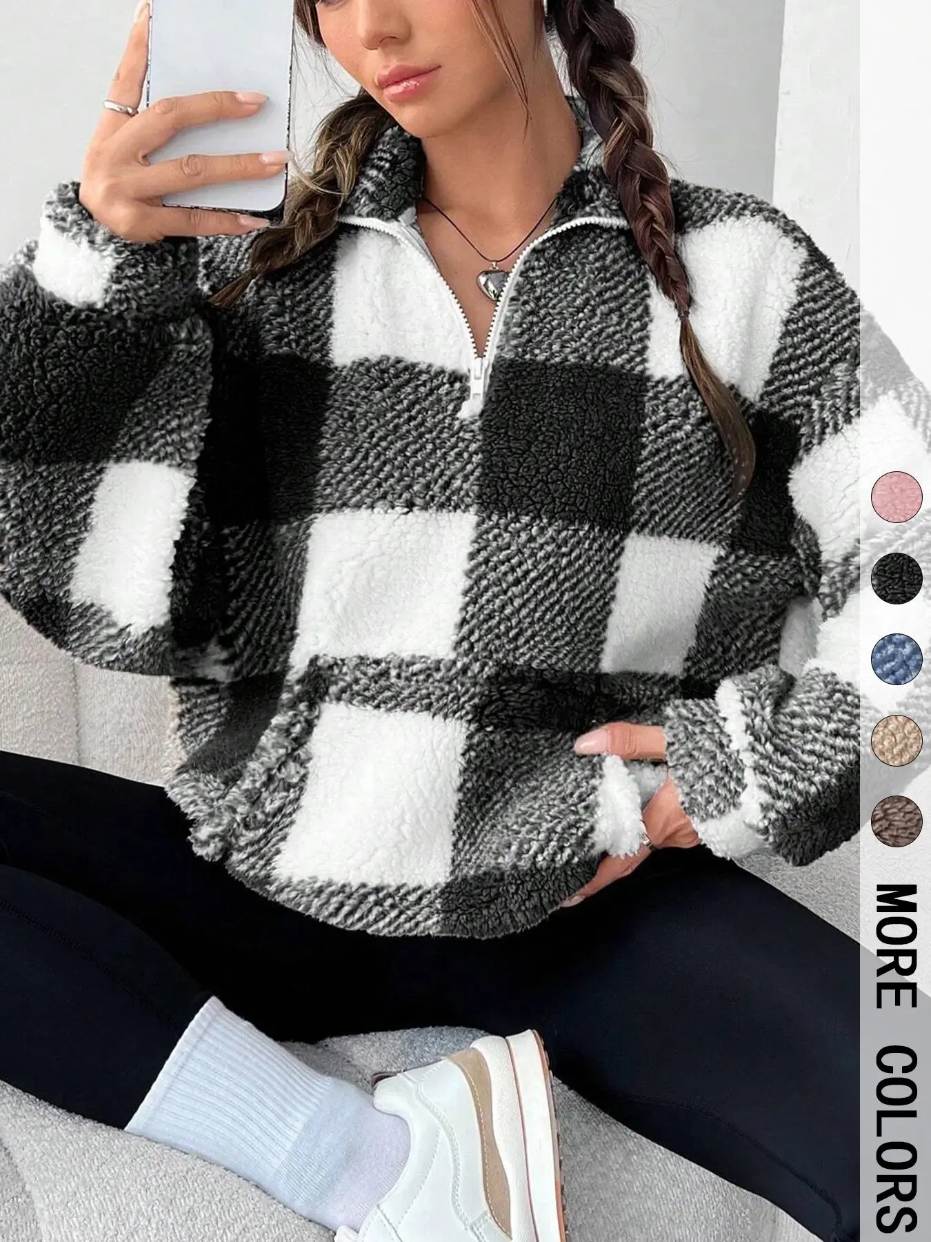 Women'S Plaid Half Zip Drop Shoulder Fleece Sweatshirt, Casual Style Long Sleeve Collar Pullover for Spring & Fall, Ladies Clothes for Daily Wear, Womenswear, Tops