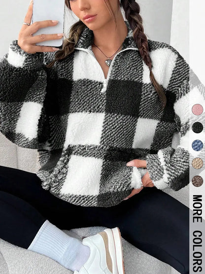 Women'S Plaid Half Zip Drop Shoulder Fleece Sweatshirt, Casual Style Long Sleeve Collar Pullover for Spring & Fall, Ladies Clothes for Daily Wear, Womenswear, Tops