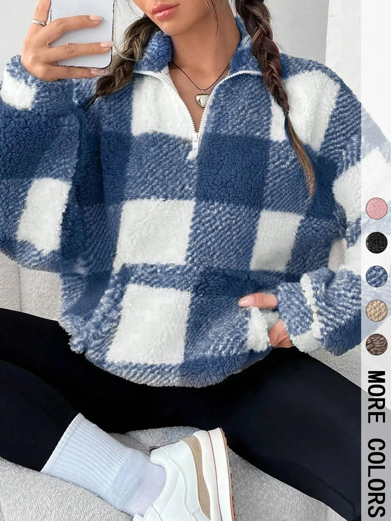 Women'S Plaid Half Zip Drop Shoulder Fleece Sweatshirt, Casual Style Long Sleeve Collar Pullover for Spring & Fall, Ladies Clothes for Daily Wear, Womenswear, Tops