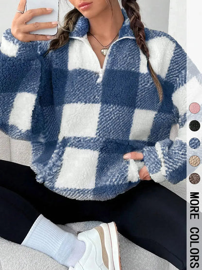 Women'S Plaid Half Zip Drop Shoulder Fleece Sweatshirt, Casual Style Long Sleeve Collar Pullover for Spring & Fall, Ladies Clothes for Daily Wear, Womenswear, Tops