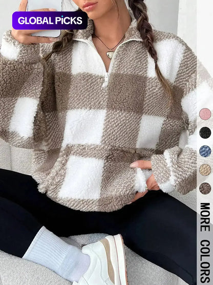 Women'S Plaid Half Zip Drop Shoulder Fleece Sweatshirt, Casual Style Long Sleeve Collar Pullover for Spring & Fall, Ladies Clothes for Daily Wear, Womenswear, Tops