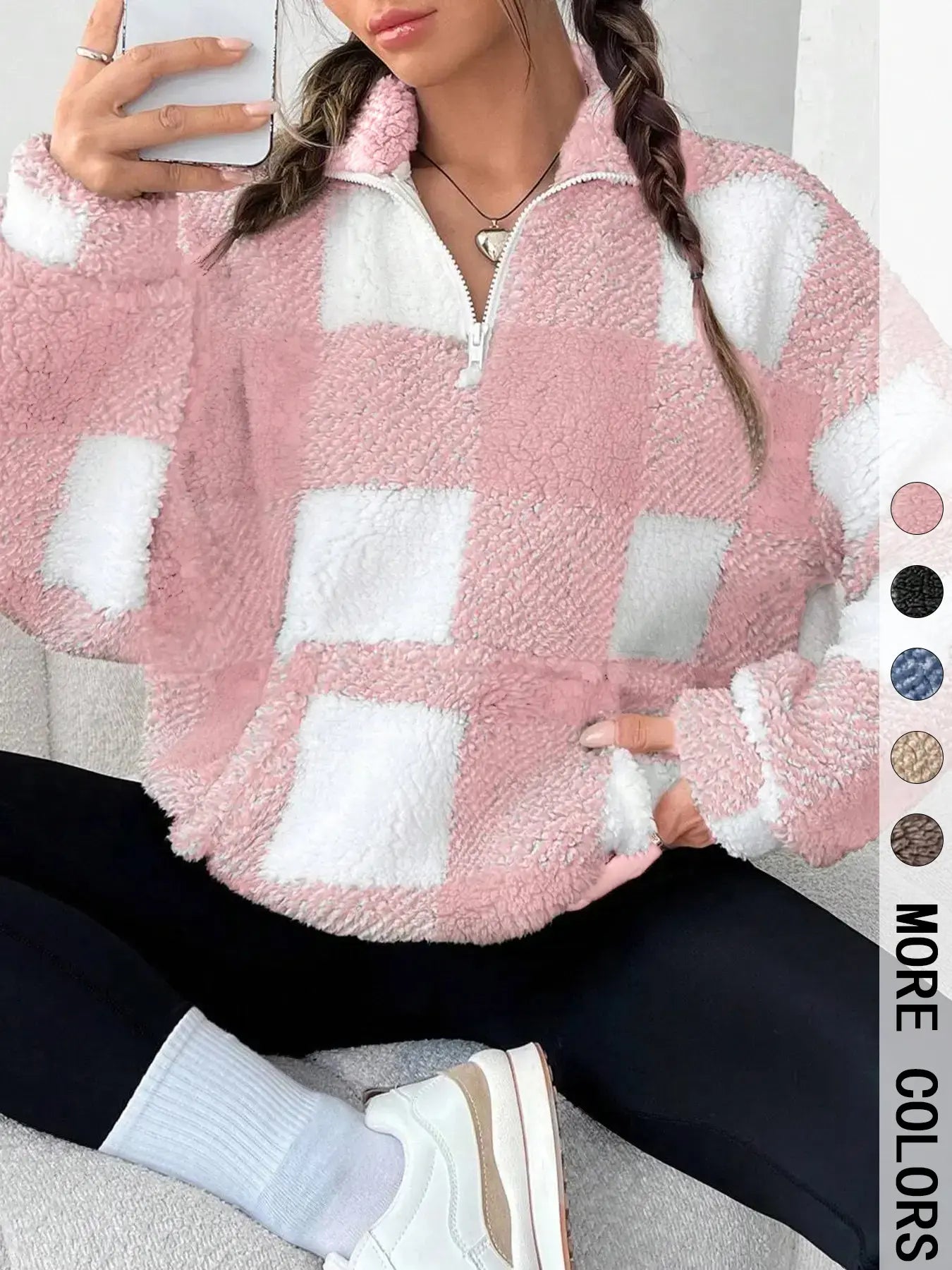 Women'S Plaid Half Zip Drop Shoulder Fleece Sweatshirt, Casual Style Long Sleeve Collar Pullover for Spring & Fall, Ladies Clothes for Daily Wear, Womenswear, Tops
