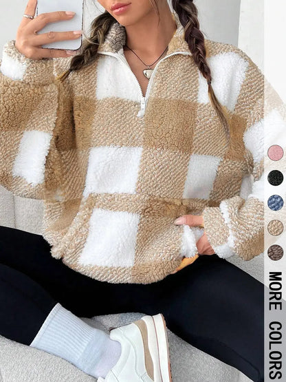 Women'S Plaid Half Zip Drop Shoulder Fleece Sweatshirt, Casual Style Long Sleeve Collar Pullover for Spring & Fall, Ladies Clothes for Daily Wear, Womenswear, Tops