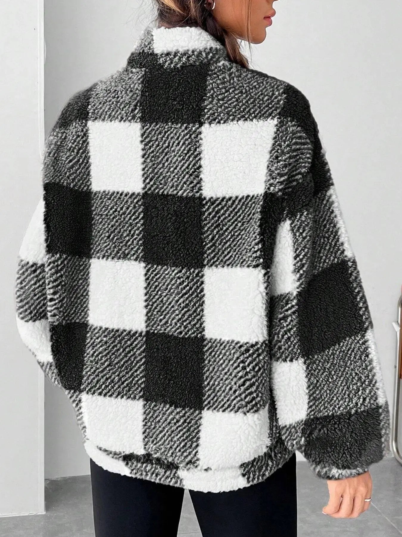 Women'S Plaid Half Zip Drop Shoulder Fleece Sweatshirt, Casual Style Long Sleeve Collar Pullover for Spring & Fall, Ladies Clothes for Daily Wear, Womenswear, Tops