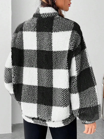 Women'S Plaid Half Zip Drop Shoulder Fleece Sweatshirt, Casual Style Long Sleeve Collar Pullover for Spring & Fall, Ladies Clothes for Daily Wear, Womenswear, Tops